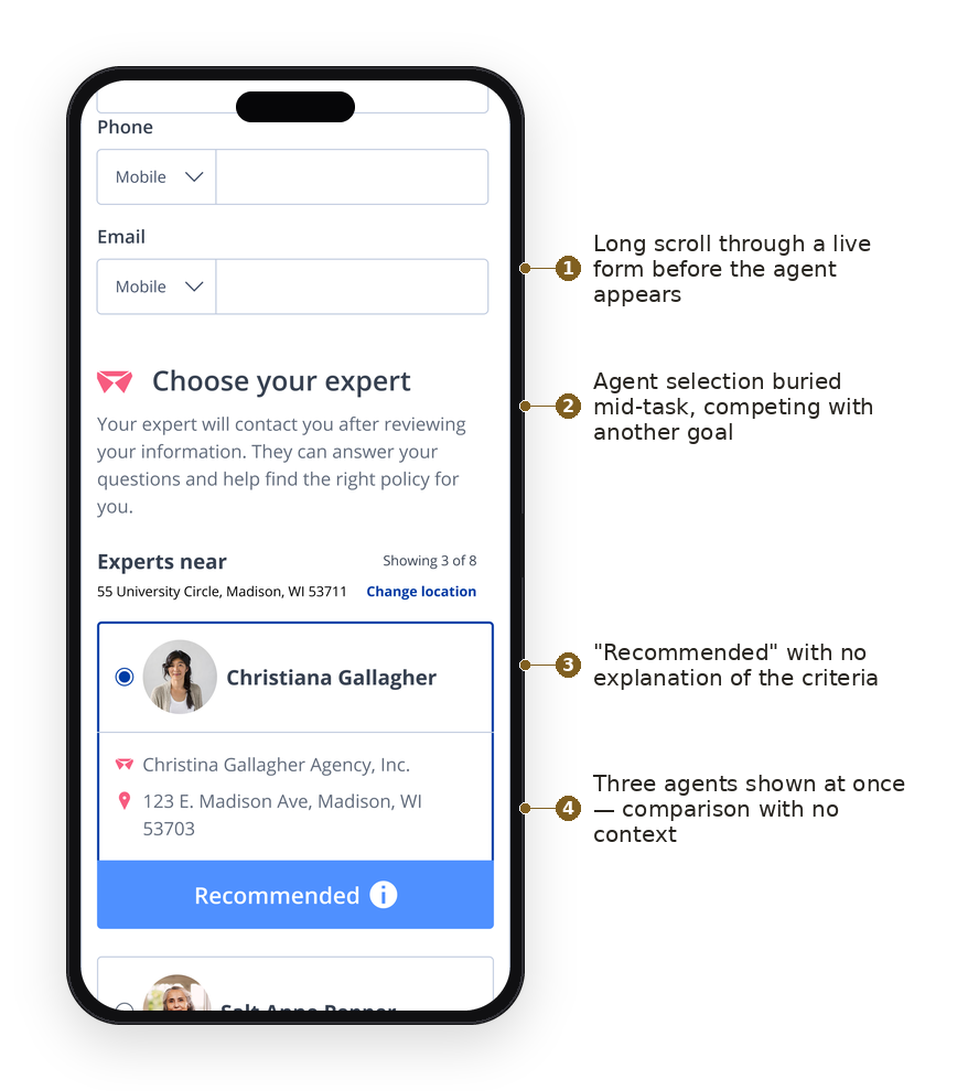 Before state. Agent selection buried mid-form: a long scroll before the agent appears, selection competing with another task, a recommended badge with no stated criteria, and three agents shown at once with no context.