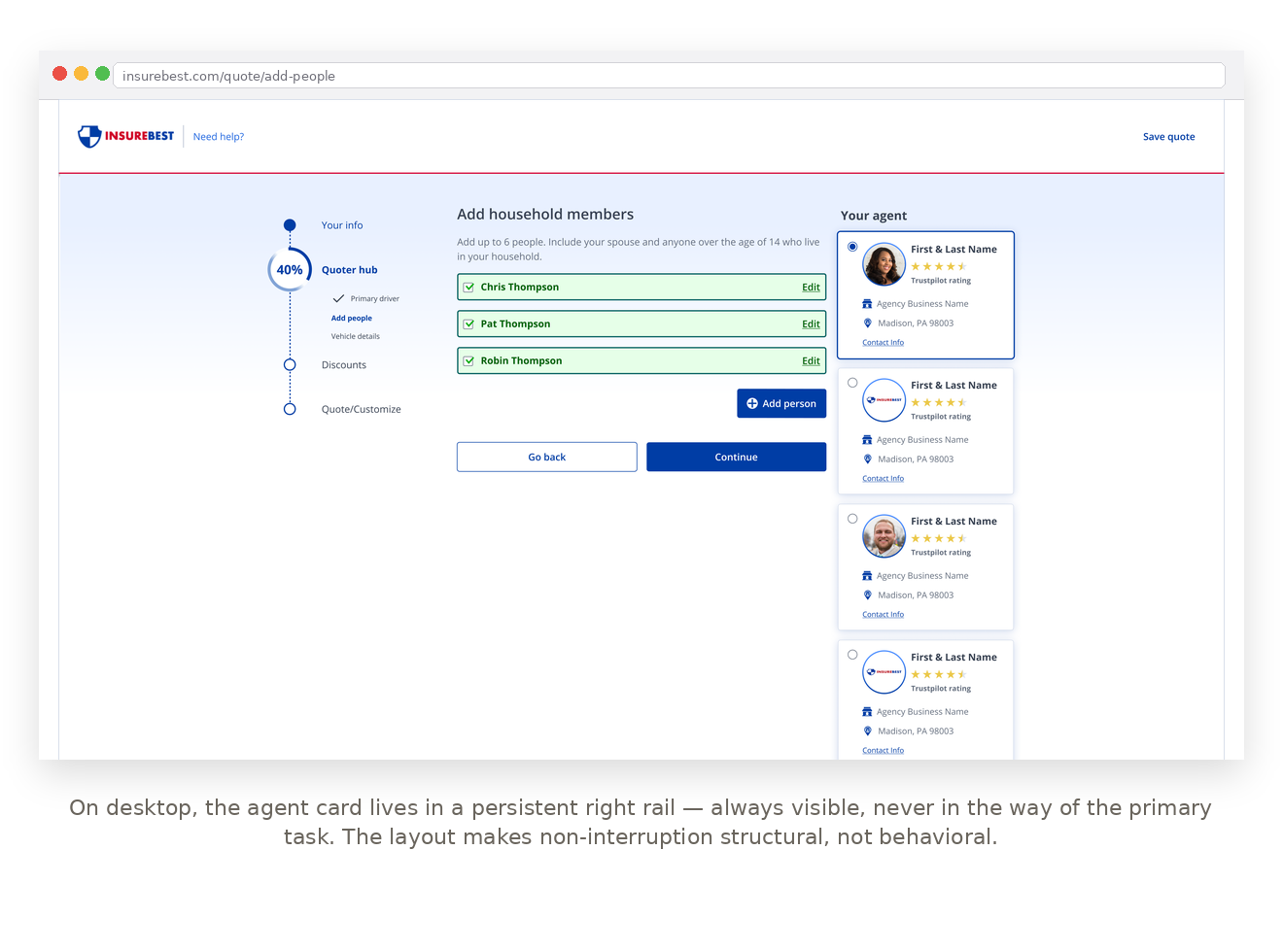 Desktop layout. The agent card lives in a persistent right rail, always visible and never in the way of the primary task.