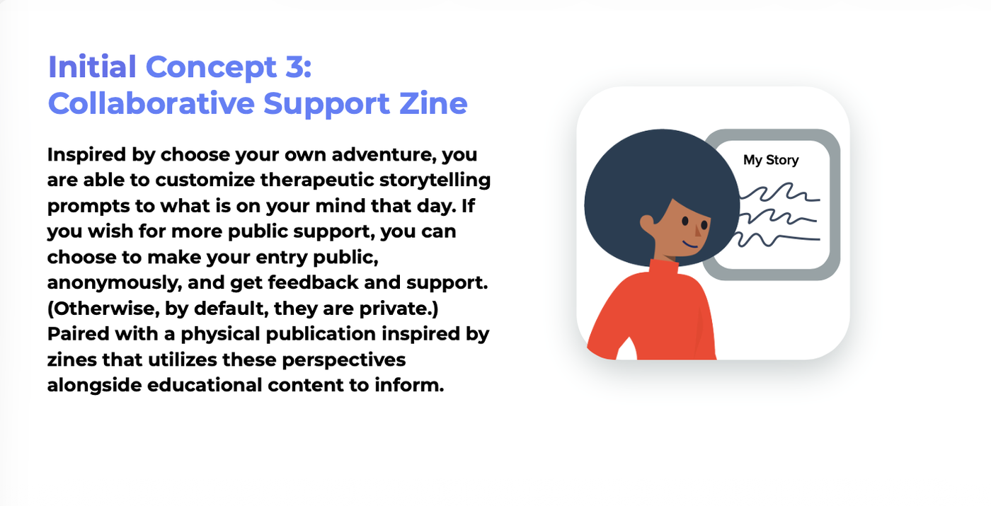 Initial concept: Collaborative Support Zine, choose-your-own-adventure therapeutic storytelling prompts customized to how you feel that day, shareable anonymously, paired with a physical zine publication.