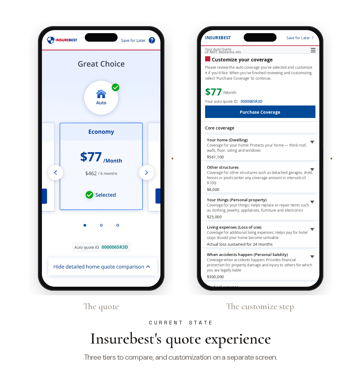 Current state of Insurebest's quote page. The three-tier quote screen and the separate customize screen shown side by side.