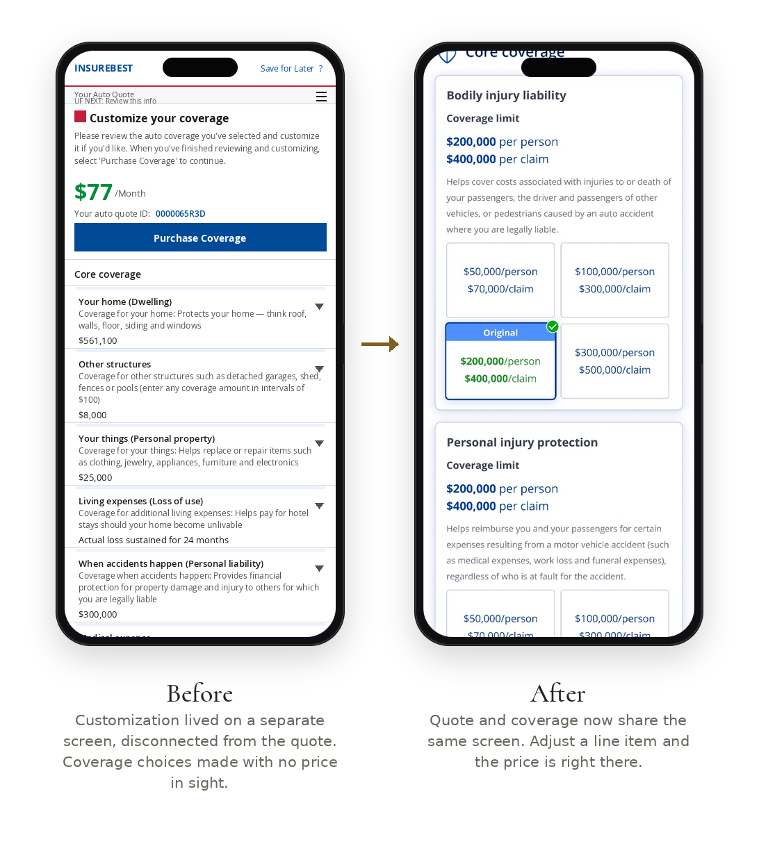 Before and after. Customization once lived on a separate screen disconnected from the quote. Now quote and coverage share one screen, so adjusting a line item updates the price in place.